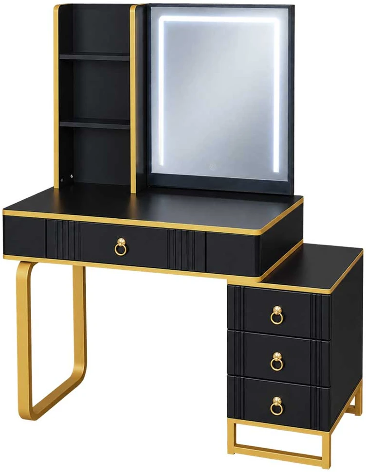 Kosmetinis staliukas su LED veidrodžiu ir USB įkrovimo skydeliu, juodas su auksinėmis detalėmis, 138 x 87 x 40 cm