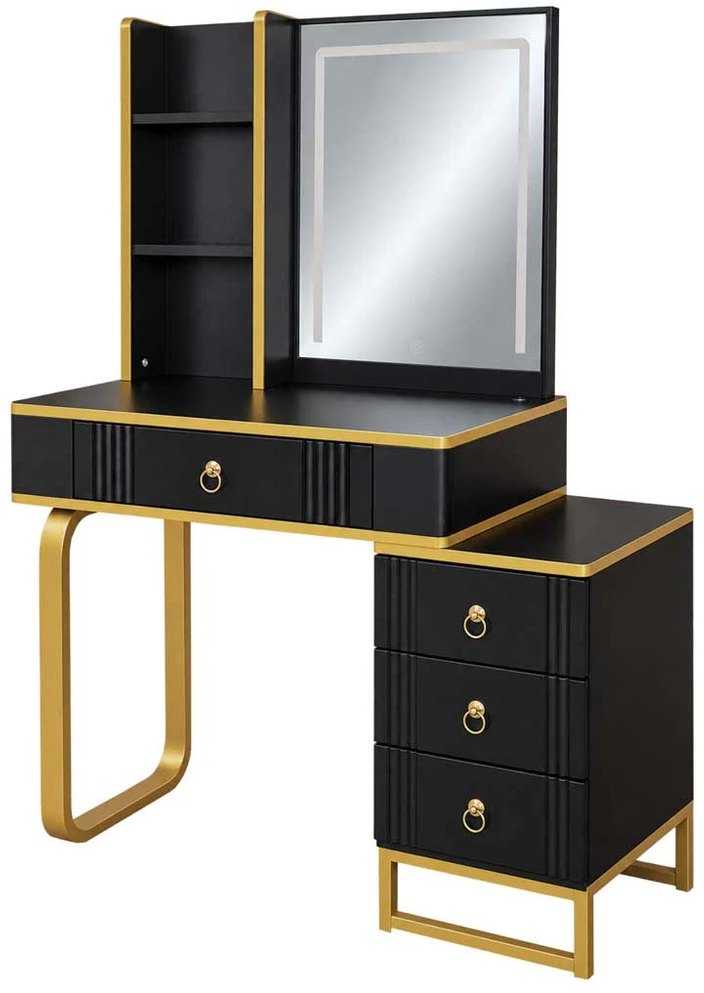 Kosmetinis staliukas su LED veidrodžiu ir USB įkrovimo skydeliu, juodas su auksinėmis detalėmis, 138 x 87 x 40 cm