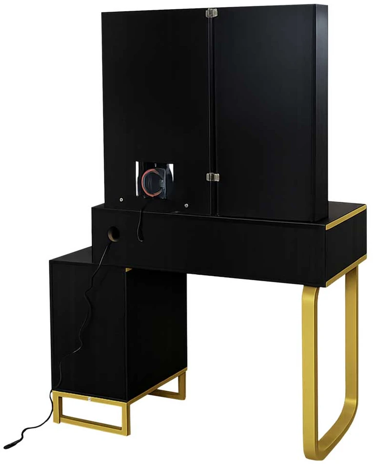 Kosmetinis staliukas su LED veidrodžiu ir USB įkrovimo skydeliu, juodas su auksinėmis detalėmis, 138 x 87 x 40 cm