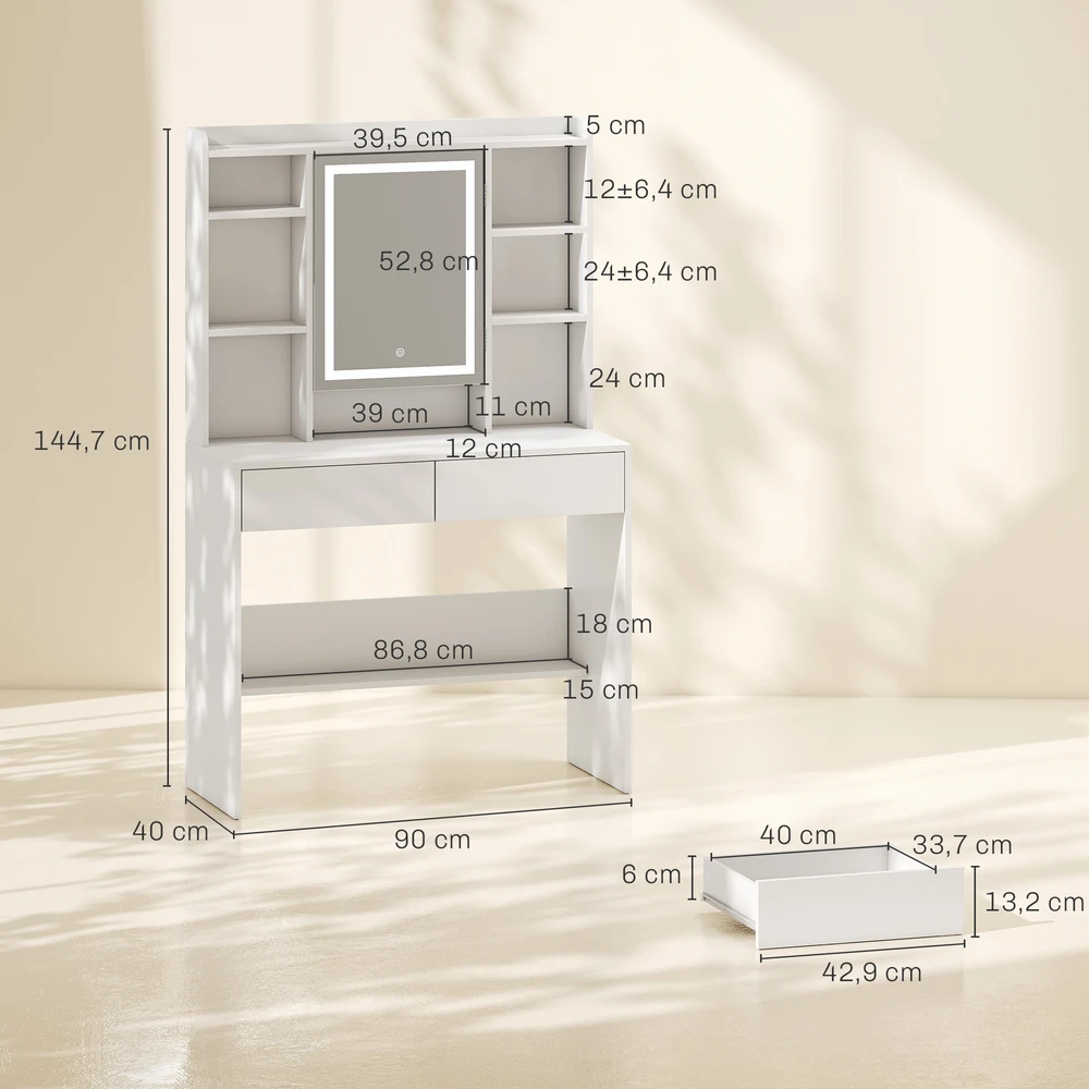 Kosmetinis staliukas su LED veidrodžiu ir 2 stalčiais, baltas, 90 x 40 x 144,7 cm