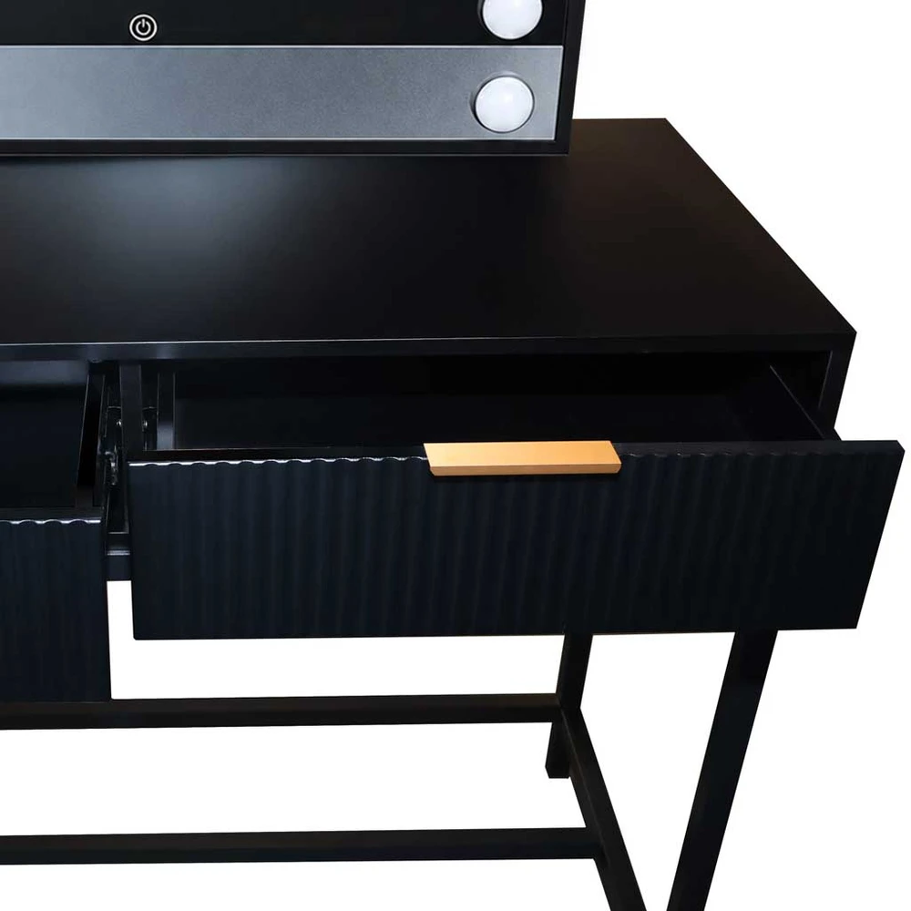 Kosmetinis staliukas su LED veidrodžiu ir stalčiumi, juodas su rudomis detalėmis, 143 × 104 × 50 cm