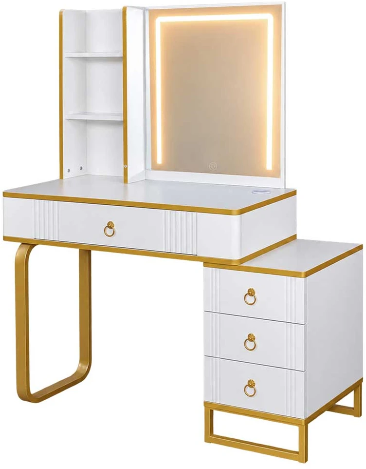 Kosmetinis staliukas su LED veidrodžiu ir USB įkrovimo panele, baltas su auksinėmis detalėmis, 138 x 87 x 40 cm
