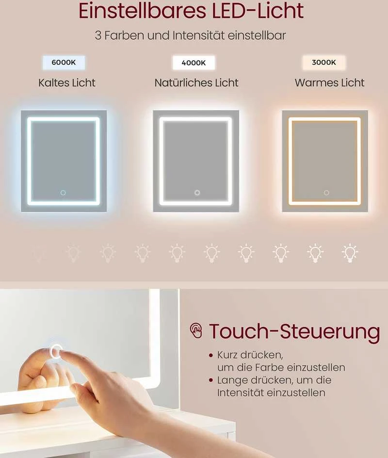 4Housedesign Vasagle "Kailyn" kolekcija - tualetinis staliukas su LED veidrodžiu, stalčiumi ir atviromis lentynomis