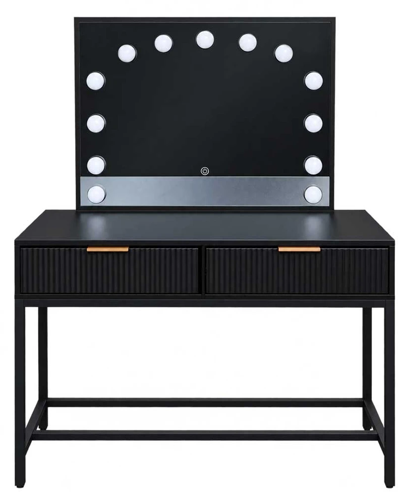 Kosmetinis staliukas su LED veidrodžiu ir stalčiumi, juodas su rudomis detalėmis, 143 × 104 × 50 cm