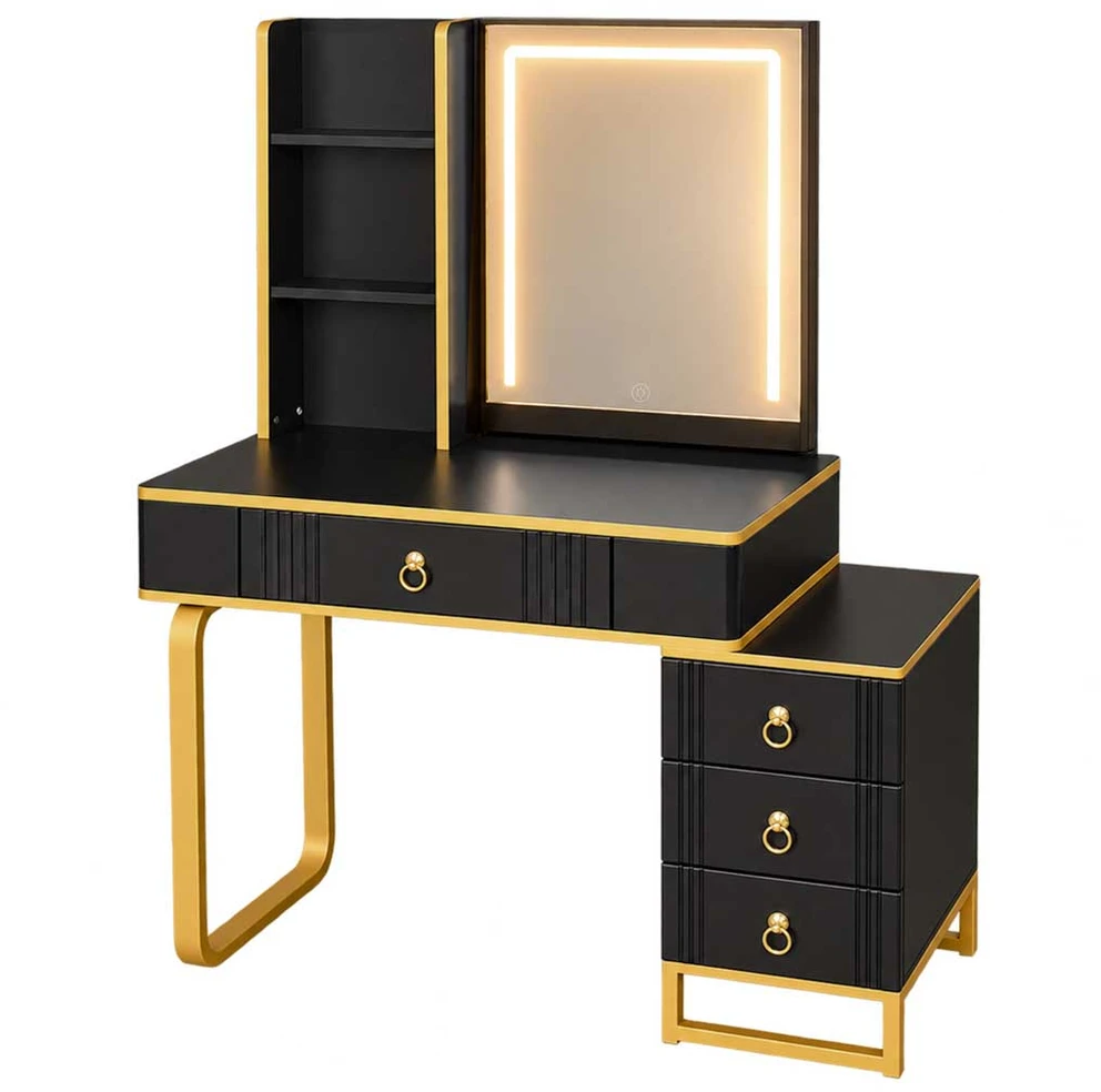 Kosmetinis staliukas su LED veidrodžiu ir USB įkrovimo skydeliu, juodas su auksinėmis detalėmis, 138 x 87 x 40 cm