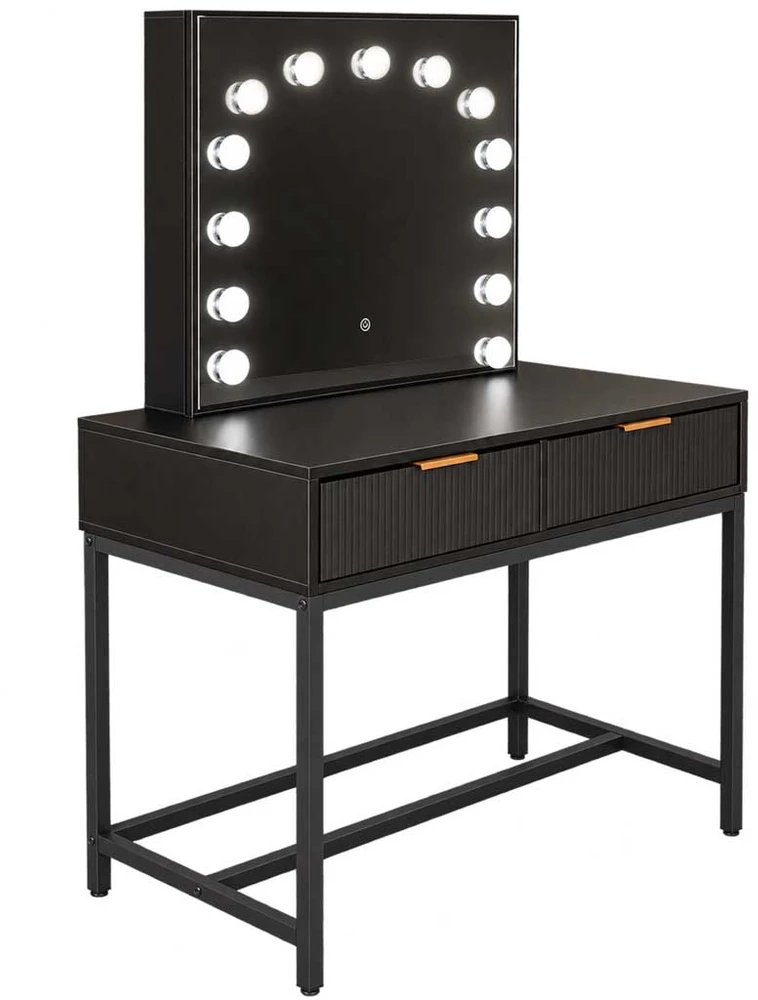 Kosmetinis staliukas su LED veidrodžiu ir stalčiumi, juodas su rudomis detalėmis, 143 × 104 × 50 cm