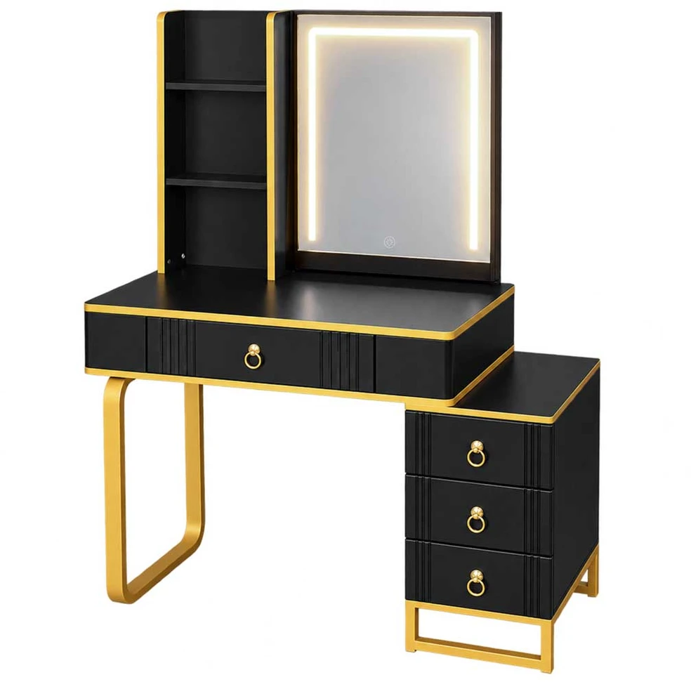 Kosmetinis staliukas su LED veidrodžiu ir USB įkrovimo skydeliu, juodas su auksinėmis detalėmis, 138 x 87 x 40 cm