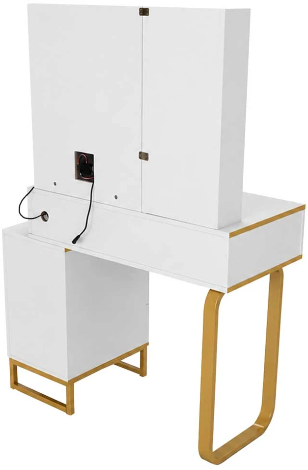 Kosmetinis staliukas su LED veidrodžiu ir USB įkrovimo panele, baltas su auksinėmis detalėmis, 138 x 87 x 40 cm