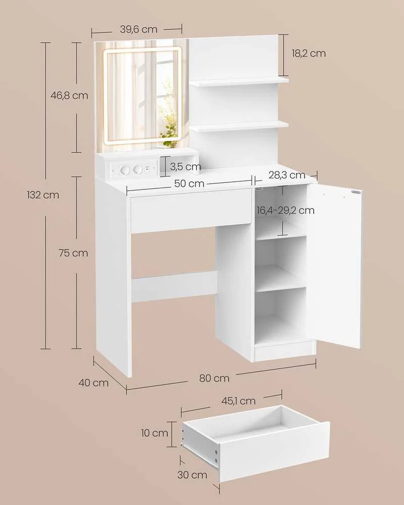 4Housedesign Vasagle "Kailyn" kolekcija - tualetinis staliukas su LED veidrodžiu, stalčiumi ir atviromis lentynomis