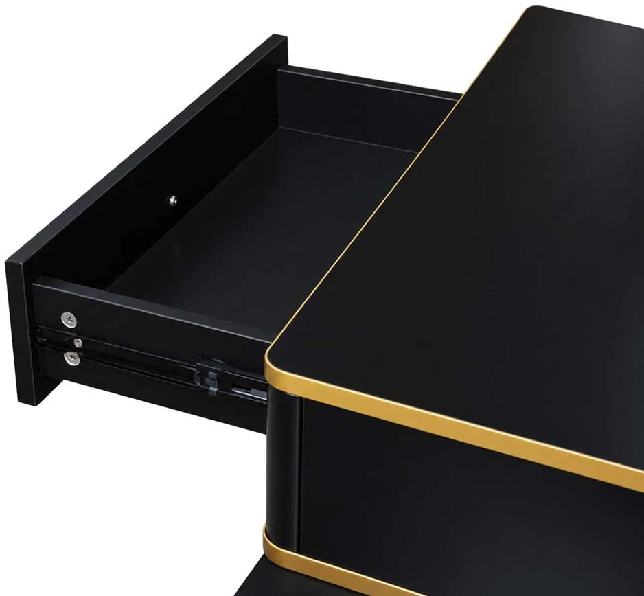 Kosmetinis staliukas su LED veidrodžiu ir USB įkrovimo skydeliu, juodas su auksinėmis detalėmis, 138 x 87 x 40 cm