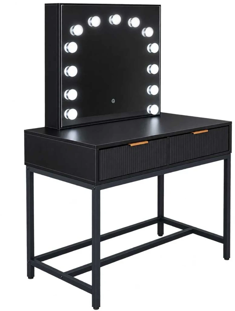 Kosmetinis staliukas su LED veidrodžiu ir stalčiumi, juodas su rudomis detalėmis, 143 × 104 × 50 cm