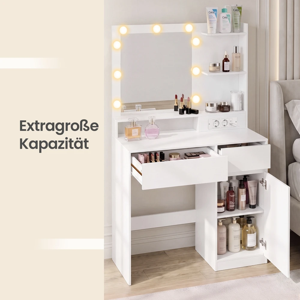 Songmics Kosmetinis staliukas su veidrodžiu ir apšvietimu, baltas, 80 × 80 × 144,3 cm