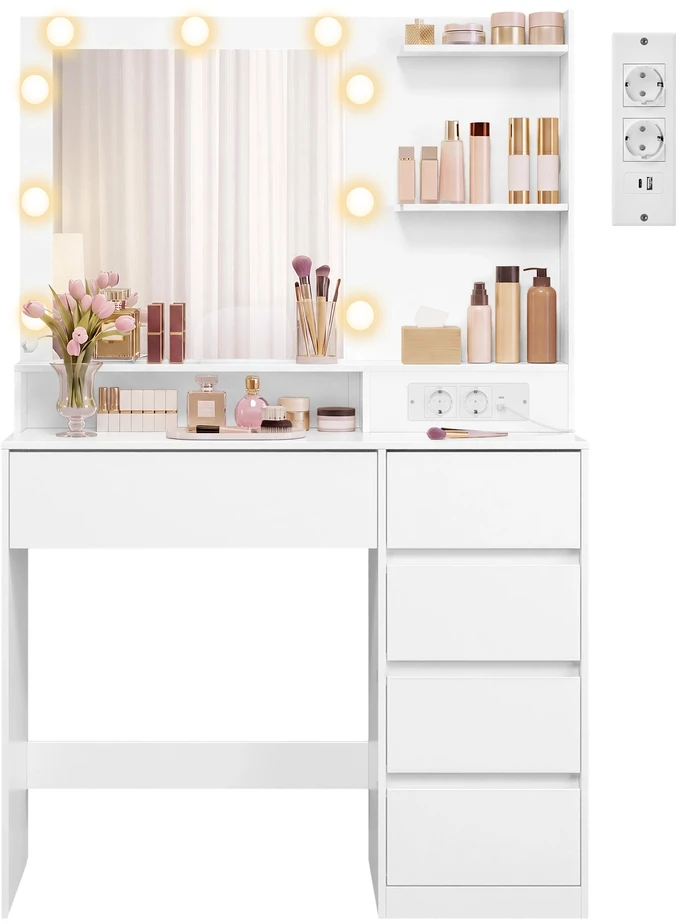 Songmics Kosmetinis staliukas su veidrodžiu ir LED apšvietimu, baltas, 80 × 40 × 144,3 cm