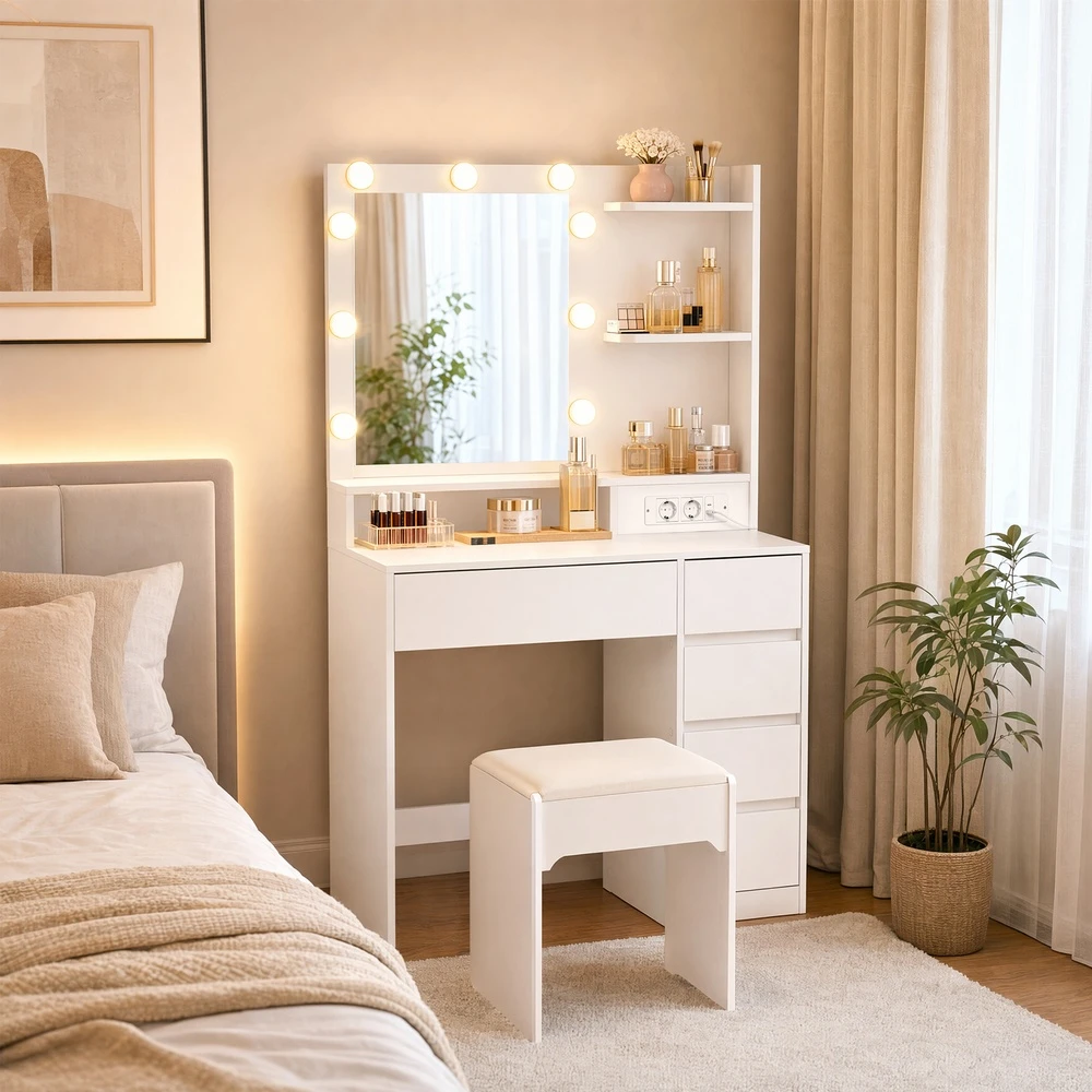 Songmics Kosmetinis staliukas su veidrodžiu ir LED apšvietimu, baltas, 80 × 40 × 144,3 cm