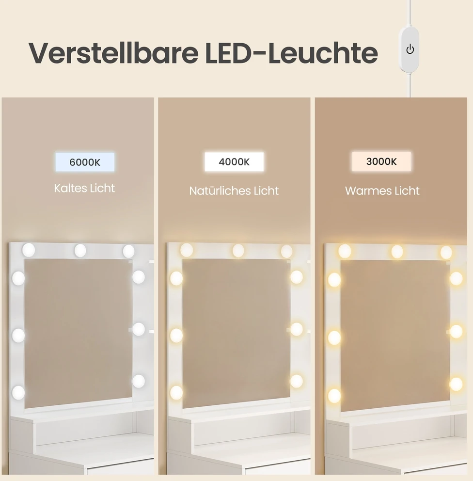 Songmics Kosmetinis staliukas su veidrodžiu ir LED apšvietimu, baltas, 80 × 40 × 144,3 cm