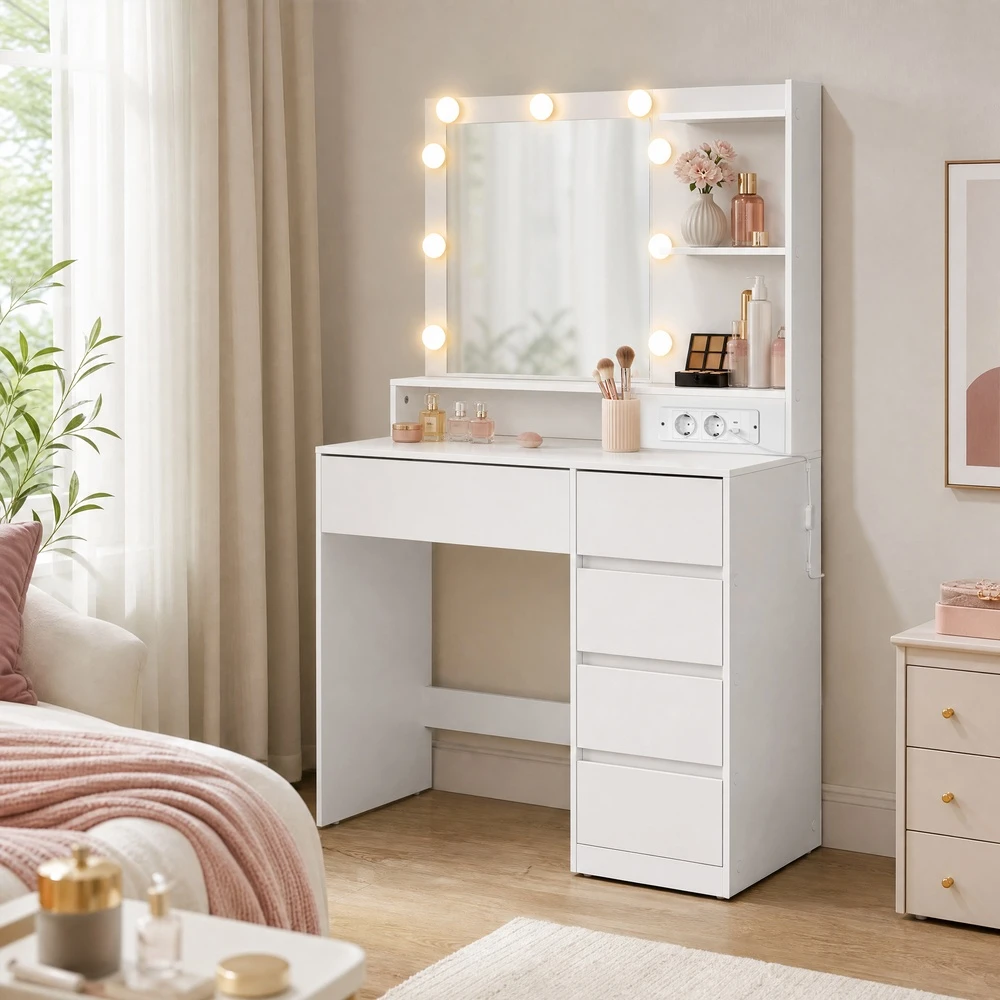 Songmics Kosmetinis staliukas su veidrodžiu ir LED apšvietimu, baltas, 80 × 40 × 144,3 cm
