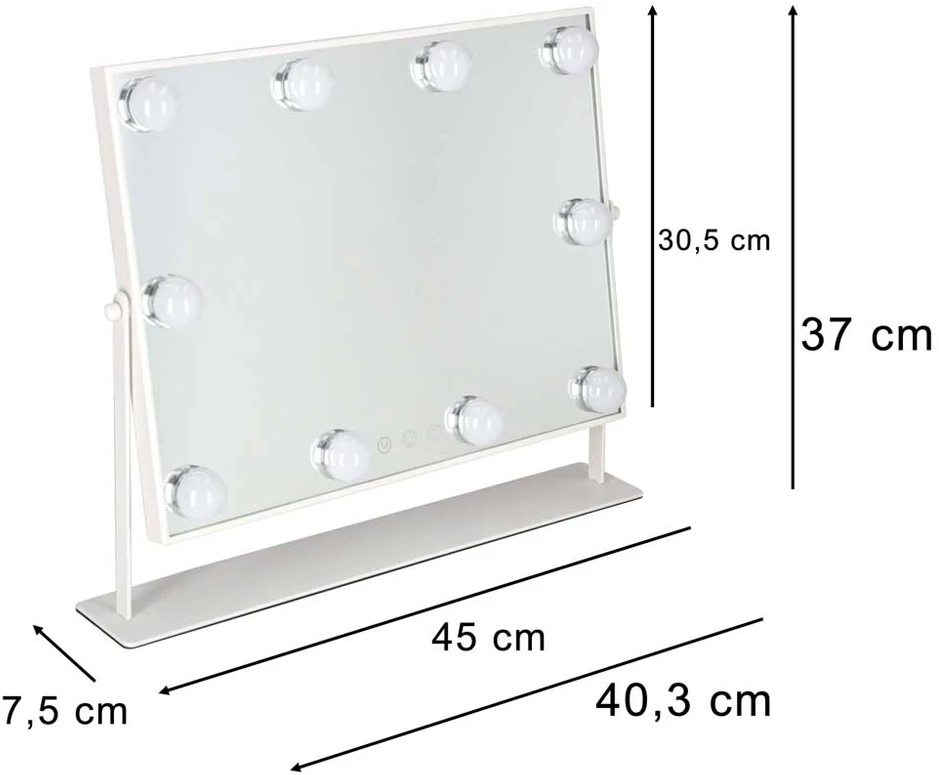 Kosmetinis veidrodis su 10 LED lempučių ir 3 šviesos spalvomis, baltas, 45 × 37 × 7,5 cm