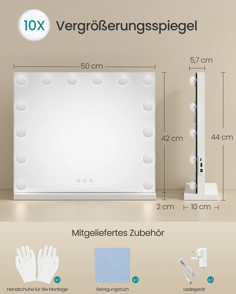 Songmics Kosmetinis veidrodis su 14 reguliuojamo ryškumo LED lempučių, matinis baltas, 44 x 50 x 5,7 cm
