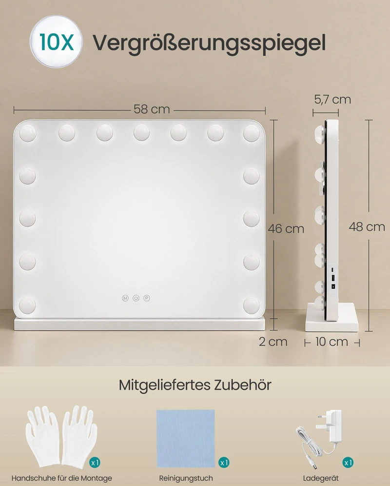 Songmics Kosmetinis veidrodis su 15 reguliuojamo ryškumo LED lempučių, matinis baltas, 48 x 58 x 5,7 cm