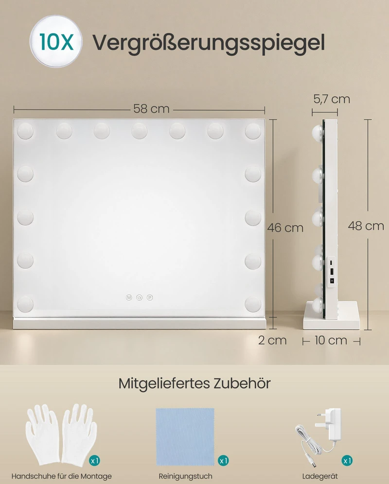 Songmics Kosmetinis veidrodis su 15 reguliuojamo ryškumo LED lemputėmis, matinės baltos spalvos, 48 x 58 x 5,7 cm