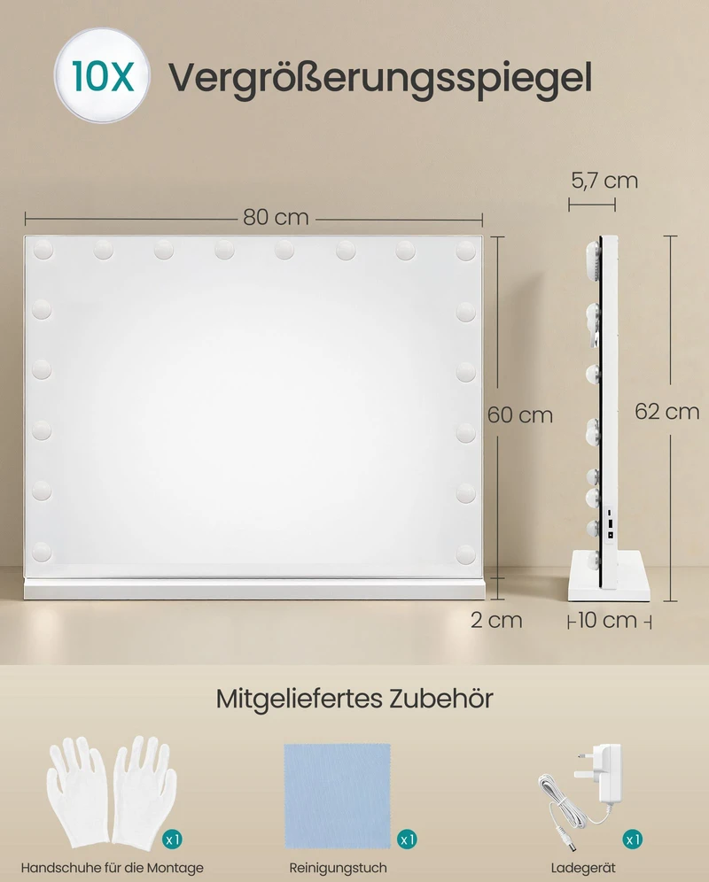 Songmics Kosmetinis veidrodis su 18 reguliuojamo ryškumo LED lempučių, matinės baltos spalvos, 62 × 80 × 5,7 cm