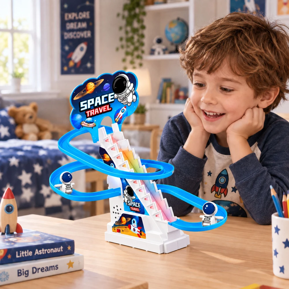 Lean Toys Kosminė astronautų trasa su judančiais laiptais ir šviesos bei garso efektais, mėlyna