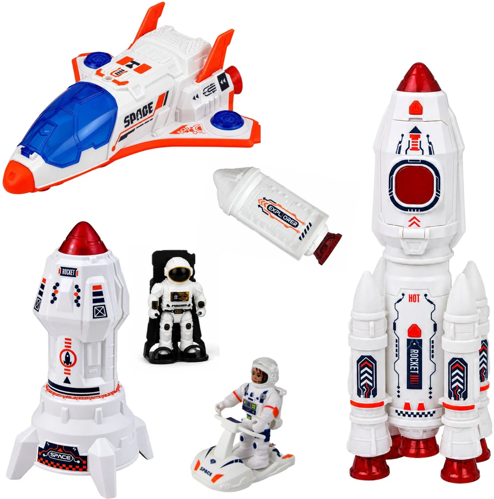 Lean Toys Kosmoso žaislų rinkinys su šviesos ir garso efektais, baltas, oranžinis ir mėlynas