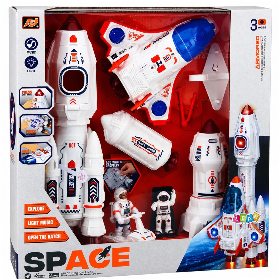 Lean Toys Kosmoso žaislų rinkinys su šviesos ir garso efektais, baltas, oranžinis ir mėlynas