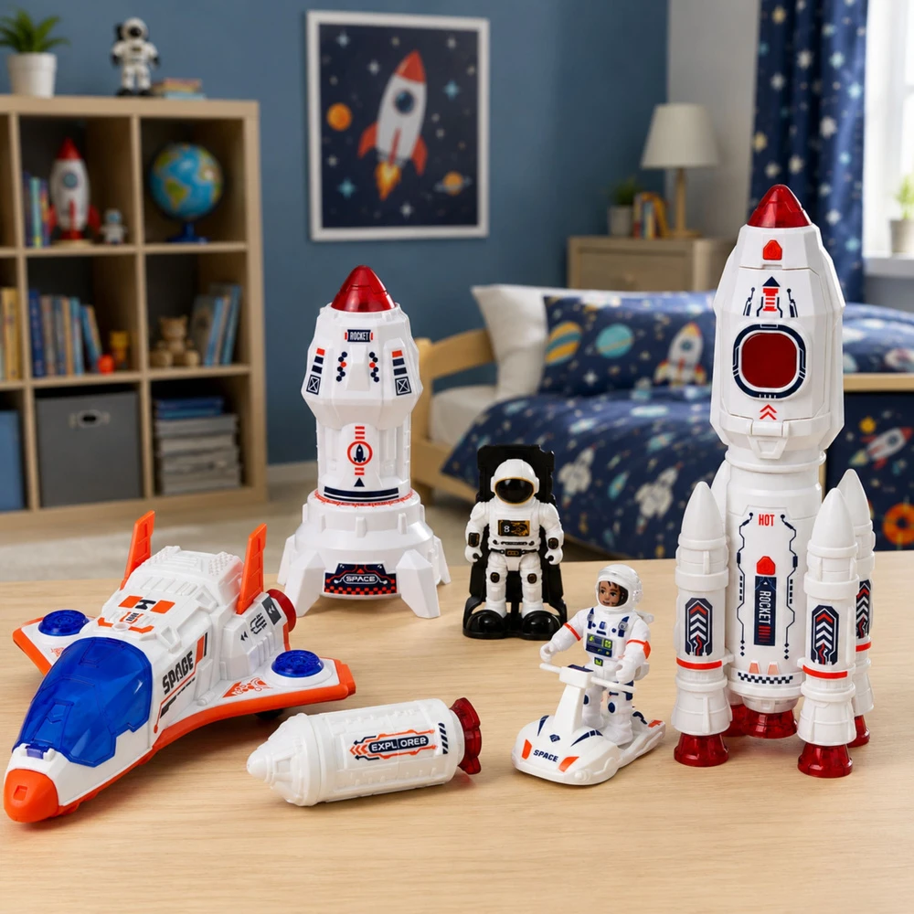 Lean Toys Kosmoso žaislų rinkinys su šviesos ir garso efektais, baltas, oranžinis ir mėlynas