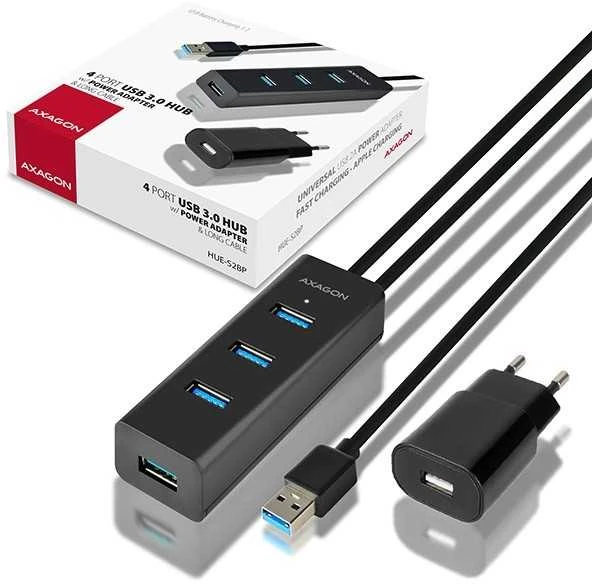 AXAGON HUE-S2BP 4x USB3.0 įkrovimo šakotuvas 1,2 m laidas, MicroUSB įkrovimas, įsk. kintamosios srovės adapteris