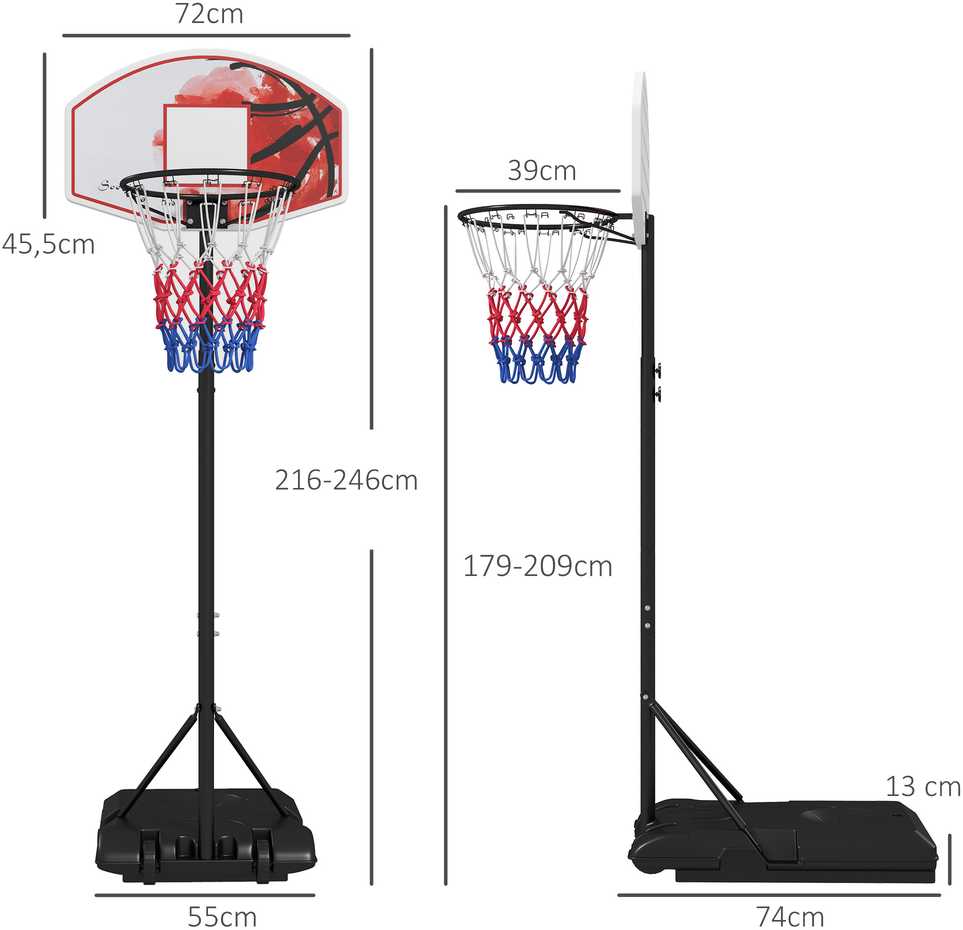 SPORTNOW krepšinio stovas su krepšiu, reguliuojamas aukštis 179-209 cm, krepšinio stovas su ratukais, krepšinio sistema, lauko, plieno, įvairiaspalvis