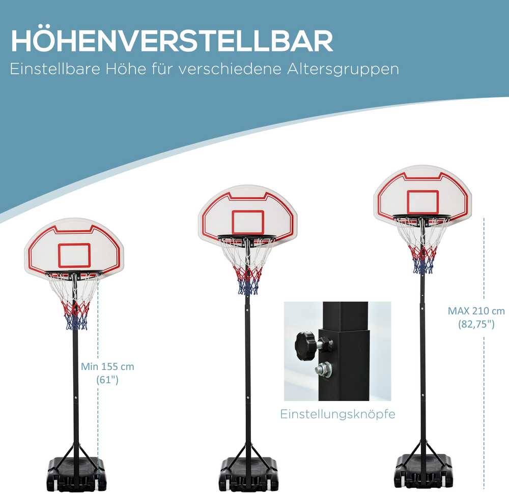 HOMCOM vaikiškas krepšinio stovas, mobilus, reguliuojamo aukščio 194-249 cm, su vandeniu užpildomu pagrindu, PE ir plienas, juodas