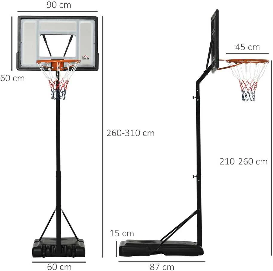HOMCOM krepšinio stovas su ratukais, reguliuojamas aukštis 260-310 cm