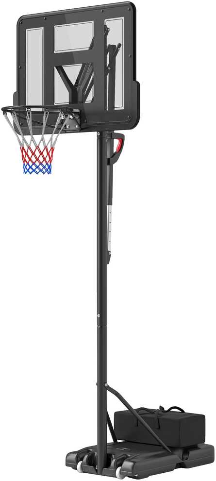 SPORTNOW krepšinio stovas laukui, reguliuojamas aukštis 230-305 cm, 110 x 75 cm dūžiams atsparus skydas su ratukais, spyruoklinis lankas, svoris suaugusiems