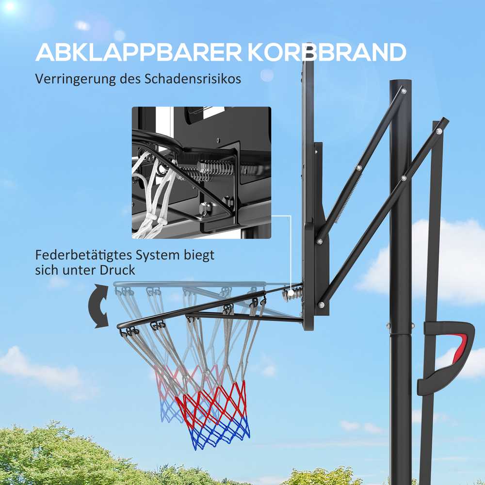 SPORTNOW krepšinio stovas laukui, reguliuojamas aukštis 230-305 cm, 110 x 75 cm dūžiams atsparus skydas su ratukais, spyruoklinis lankas, svoris suaugusiems