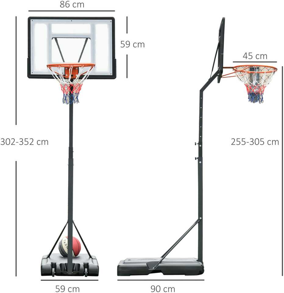 HOMCOM Mobilus krepšinio stovas Krepšinio lankas su reguliuojamo aukščio stovu, plienas+plastikas, juodas, 90 x 165 x 302-352 cm