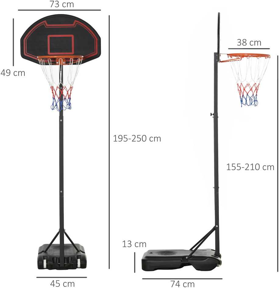 HOMCOM krepšinio stovas su krepšiu, reguliuojamo aukščio 195-250 cm, lauko naudojimui, su ratukais, skirtas 8-14 metų vaikams