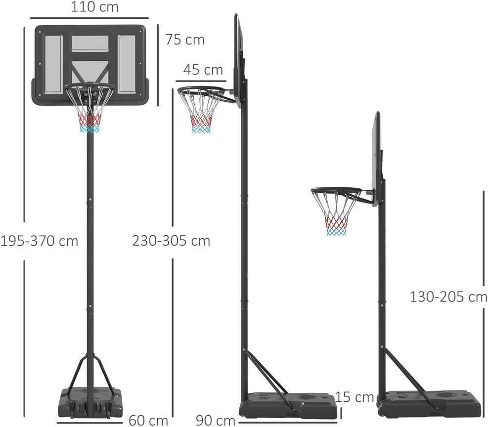 SPORTNOW 2-in-1 krepšinio stovas, 195–370 cm reguliuojamo aukščio krepšinio stovas su plieniniu krepšiu
