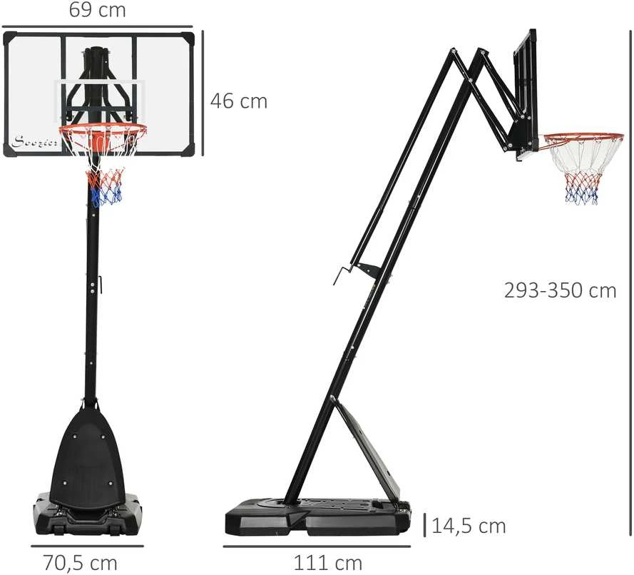 SPORTNOW reguliuojamo aukščio krepšinio stovas 293-350 cm, mobilus krepšinio stovas su plienine konstrukcija