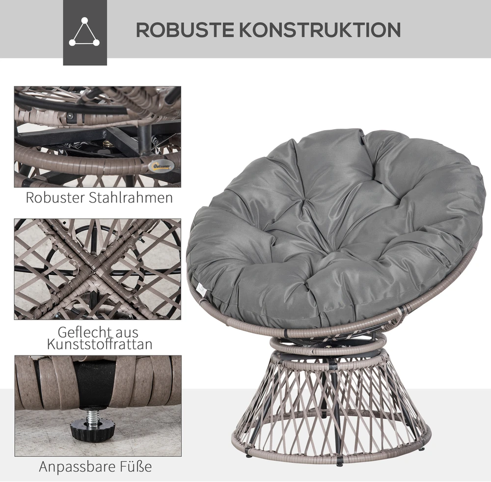 Lauko baldų komplektas "Outsunny" papasano fotelis Pintas fotelis fotelis su pagalvėle 360 laipsnių rotango pilkos spalvos W87 x D97 x H86 cm