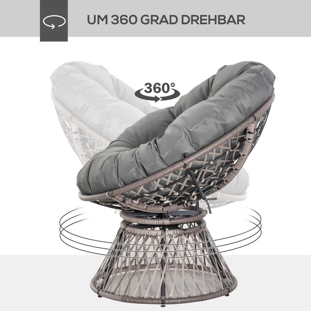 Lauko baldų komplektas "Outsunny" papasano fotelis Pintas fotelis fotelis su pagalvėle 360 laipsnių rotango pilkos spalvos W87 x D97 x H86 cm