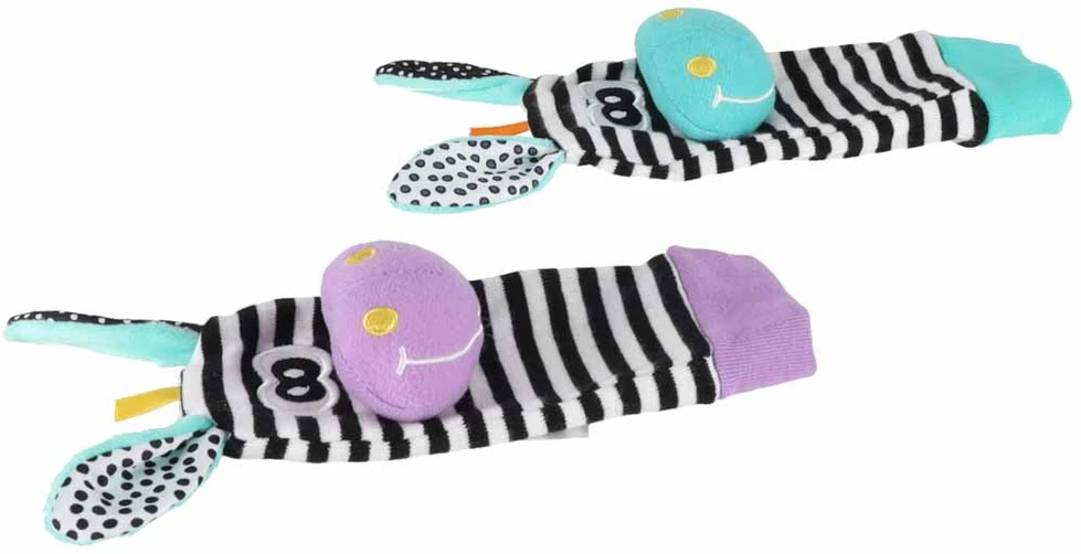 Ikonka Kūdikių barškučių kojinaitės ir apyrankės, 4 vnt., žalios ir violetinės
