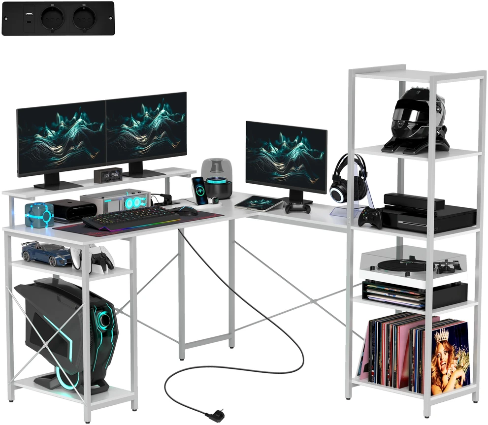 HOMCOM L formos žaidimų stalas su lentyna, kompiuterio stalas su monitoriaus stovu, elektros lizdu, USB įkrovimo prievadu, kampinis rašomasis stalas namų biurui, miegamajam, 137 x 140 x 139,5 cm, baltas