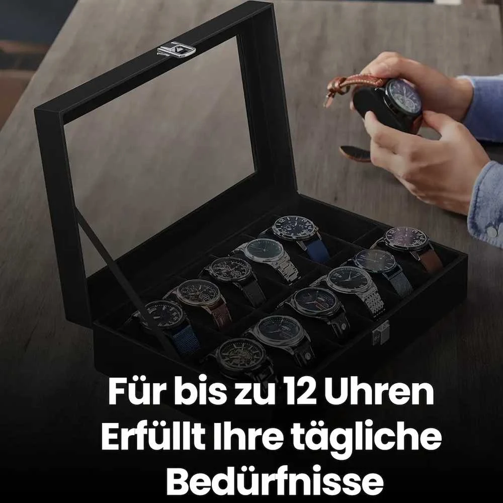 SONGMICS laikrodžių dėžutė su 12 skyrelių, laikrodžių dėžutė, stiklinis dangtis