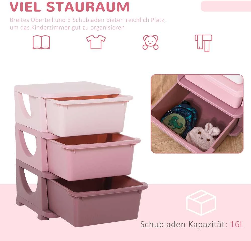 HOMCOM komoda su saugojimo dėžėmis, žaislų organizatorius, žaislų dėžė vaikų kambariui, 3-6 metams, rožinė, 37 x 37 x 56,5 cm