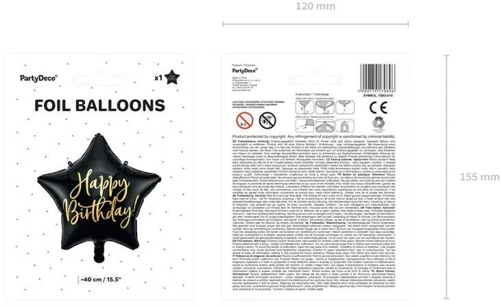 Party Deco PartyDeco Folinis balionas "Happy Birthday" 40cm juodas