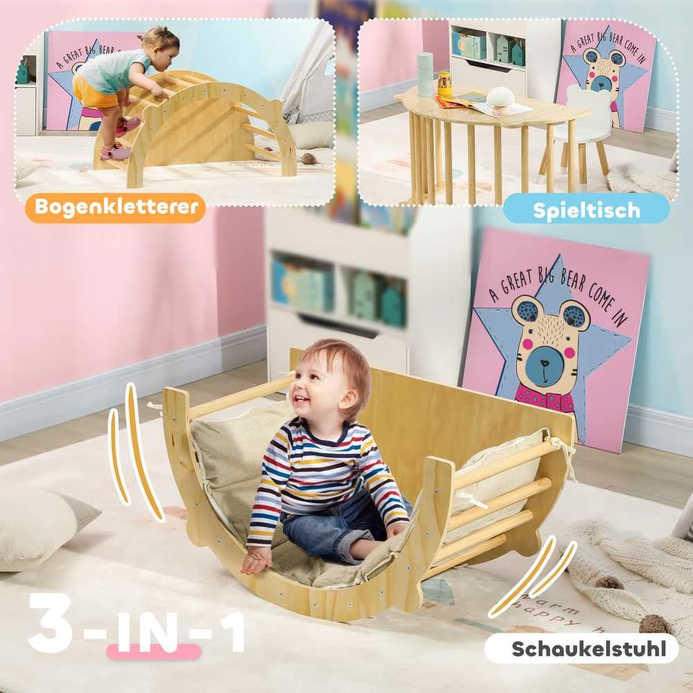 AIYAPLAY 3-in-1 laipynių rinkinys su stalviršiu ir pagalvėle, supynių ir laipiojimo arkas, medinis laipiojimo žaislas, 1,5–4 metų vaikams, patalpoms, natūralaus medžio spalvos