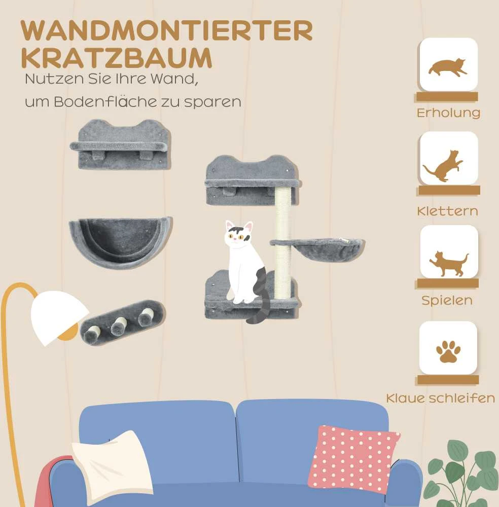 PawHut kačių laipynė ant sienos 4 dalių, laipynė katėms su kopėčiomis, hamaku, šuolių platforma, sieninis draskyklė, sieniniai baldai katėms, iki 5kg | Aosom