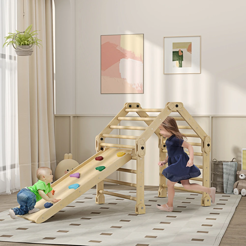 AIYAPLAY 3-in-1 laipynių rinkinys su čiuožykla, laipiojimo trikampis čiuožimui ir laipiojimui, medinis laipiojimo žaislas, vaikams 1,5-4 metų, vidaus, įvairiaspalvis