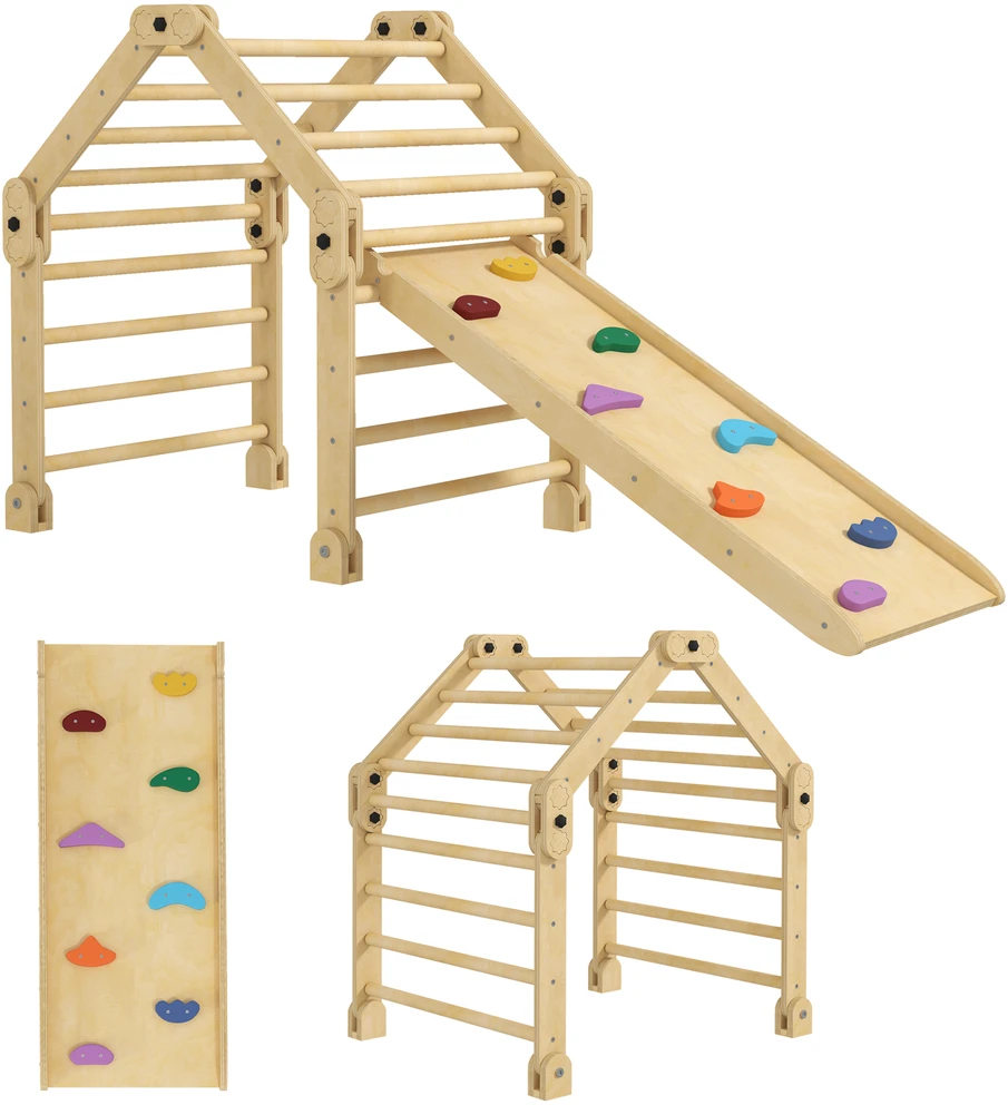 AIYAPLAY 3-in-1 laipynių rinkinys su čiuožykla, laipiojimo trikampis čiuožimui ir laipiojimui, medinis laipiojimo žaislas, vaikams 1,5-4 metų, vidaus, įvairiaspalvis